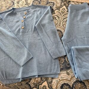 Women's Light Blue Knit Henley Lounge Set